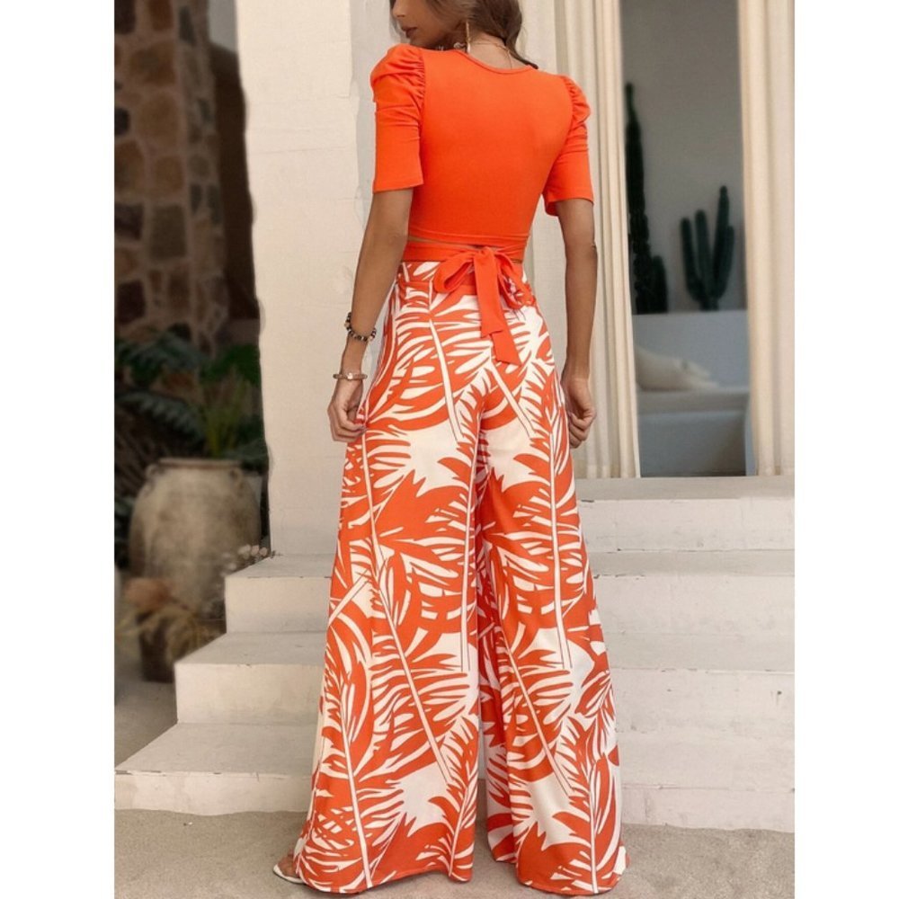 Orange Boho Coord set Tie Back Tee & Tropical Print Wide Leg Pants - Picture 7 of 7